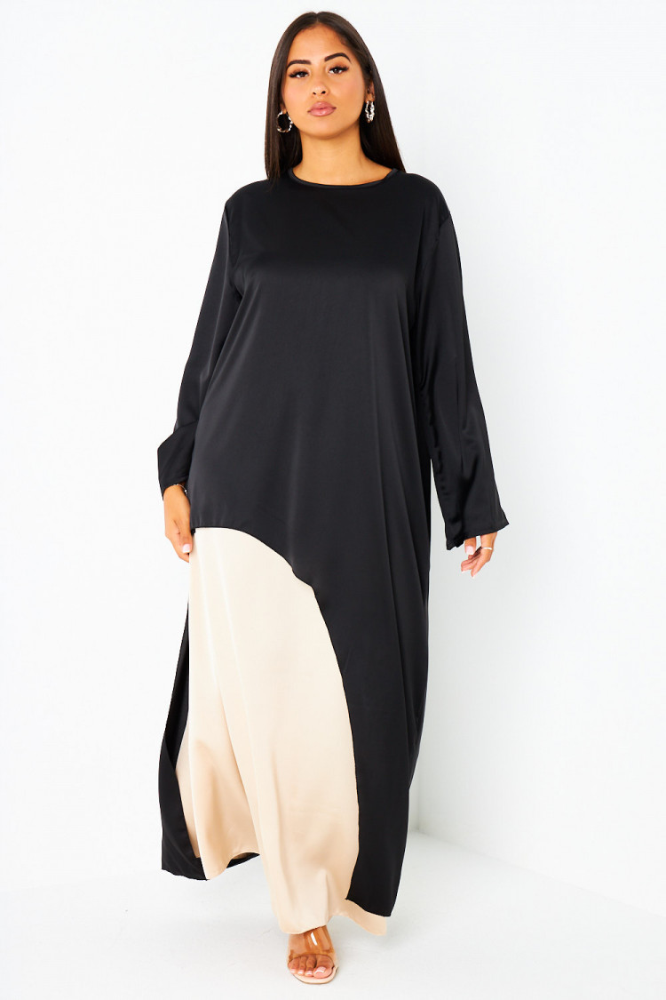 Ensemble 2 pièces blouse asymétrique noire + jupe beige