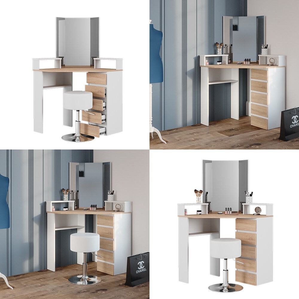 Vicco Eckschminktisch Frisiertisch Frisierkommode Tilda Weiß Sonoma Spiegel Hocker 110x140 cm modern Ablage