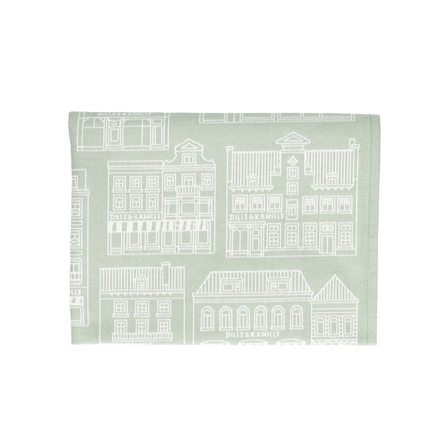 Theedoek, katoen, groen/wit met gevelmotief