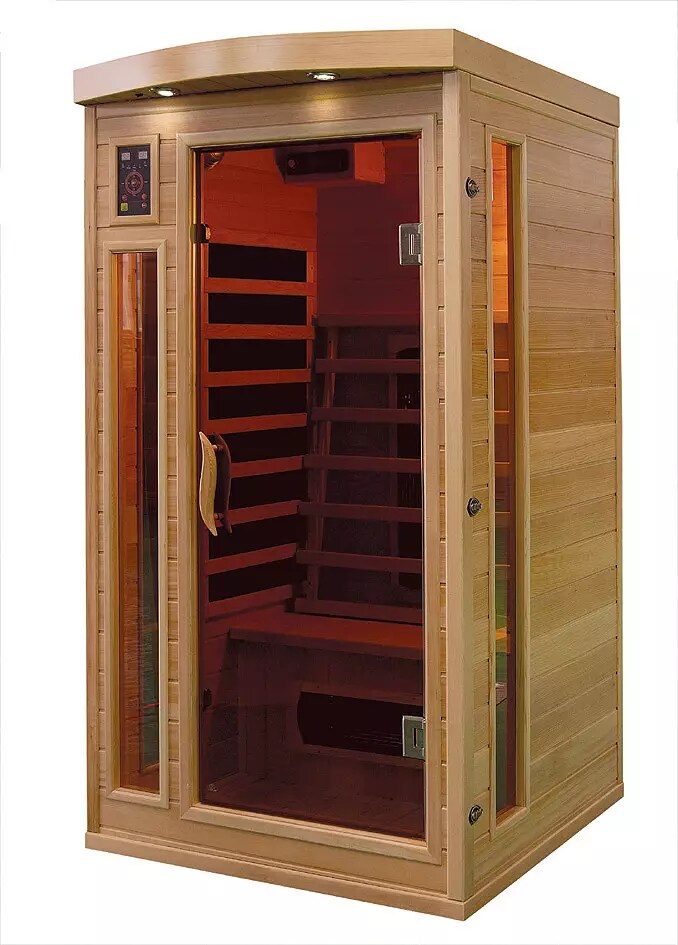 PureHaven Infrarotkabine 90x90x190 cm aus Pacific Coast Hemlock-Holz Bluetooth-Soundsystem Timer Lichttherapie in 4 Farben digitale Steuerung
