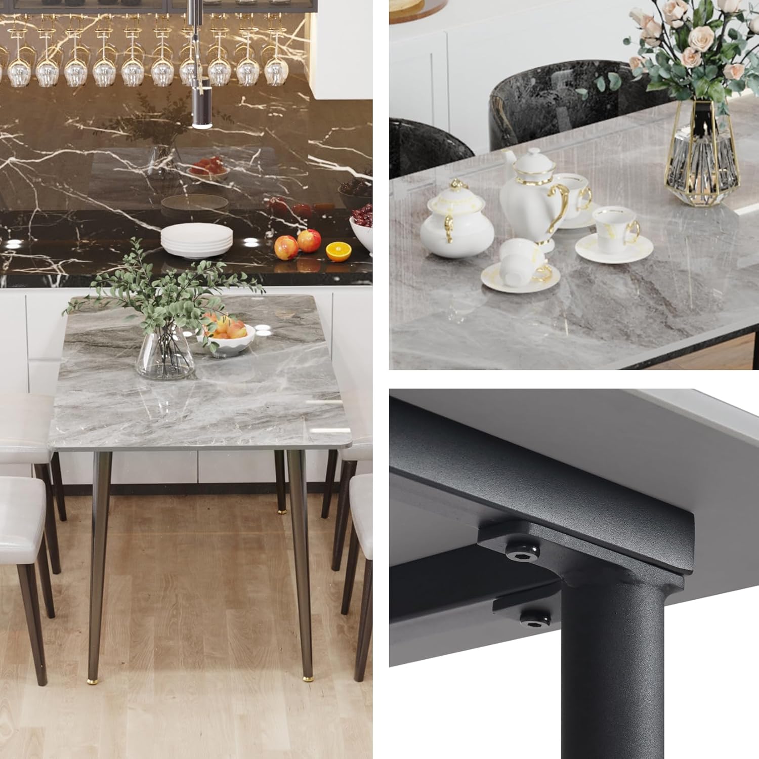 FATIVO Esszimmertisch Marmor Esstisch 120x70cm, Küchentisch klein 4 Personen schmaler Esstisch einfach Wohnzimmer Grau Hochglanz Skandinavisch Tische für Esszimmer Restaurant Metall Tischbeine