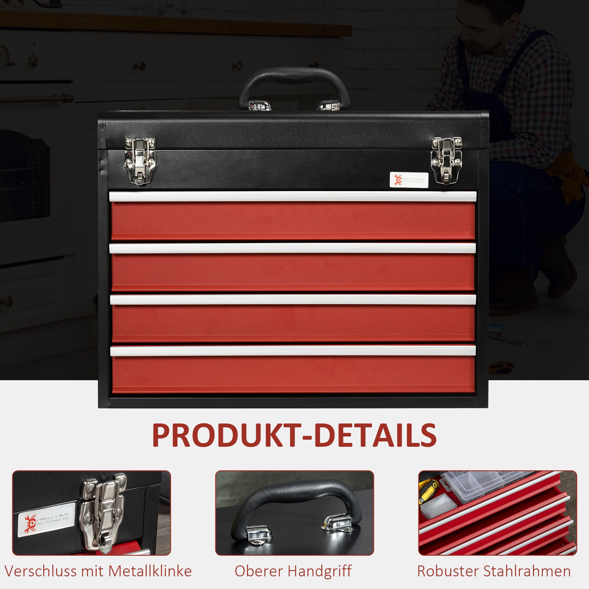DURHAND Werkzeugkiste mit 4 Schubladen schwarz, rot 51L x 22B x 39,5H cm