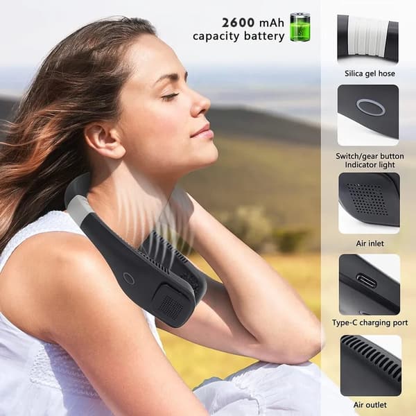 Portable 3 Speed Neck Fan USB Rechargeable Lazy Neckband Bladeless Cooler Fans Black