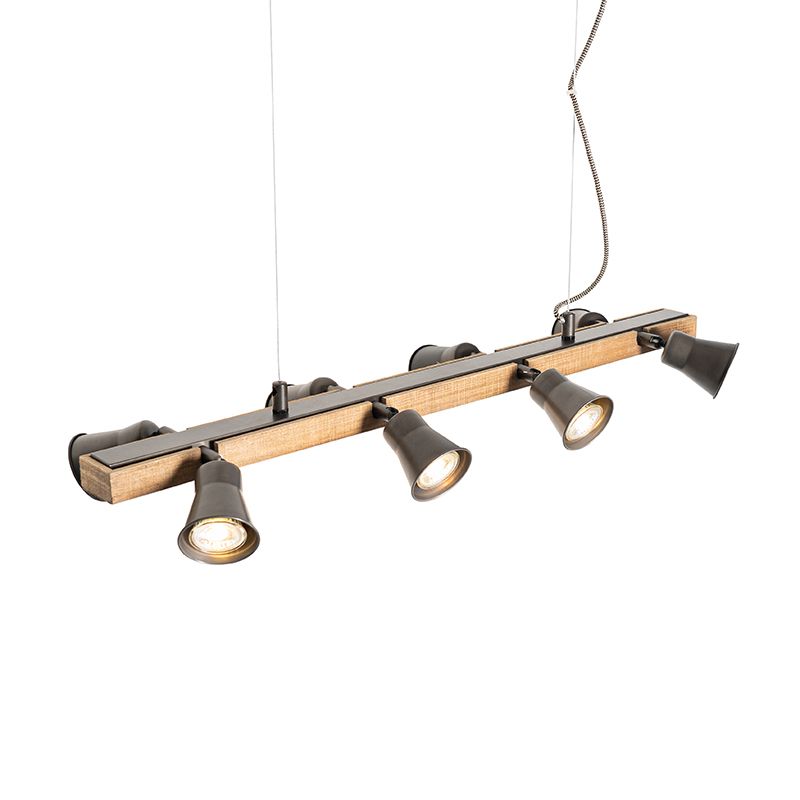 Landelijke hanglamp zwart met hout 8-lichts - Jelle