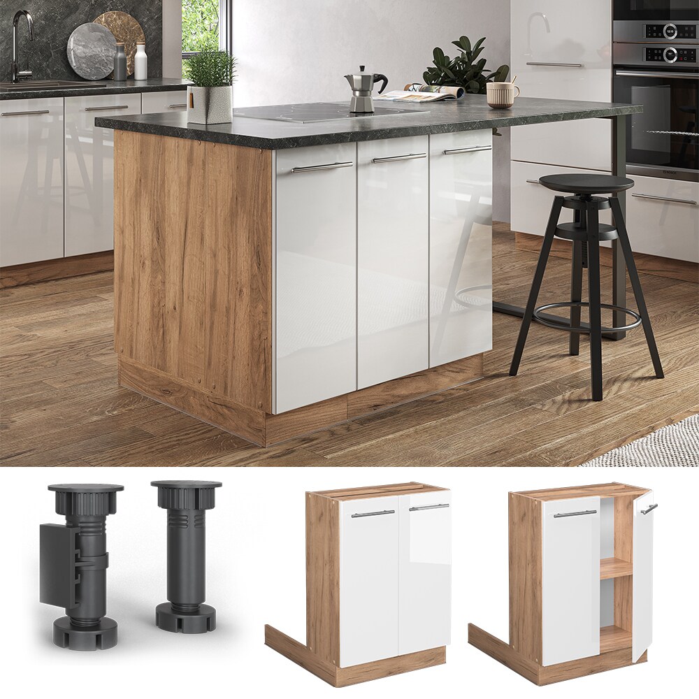 Vicco Regalinselunterschrank Küchenschrank Küchenmöbel Fame-Line Eiche Weiß 60 cm modern Hochglanz Küche Einbauküche Kücheninsel Drehtür Einlegeboden Blende Küchenunterschrank Küchenzeile