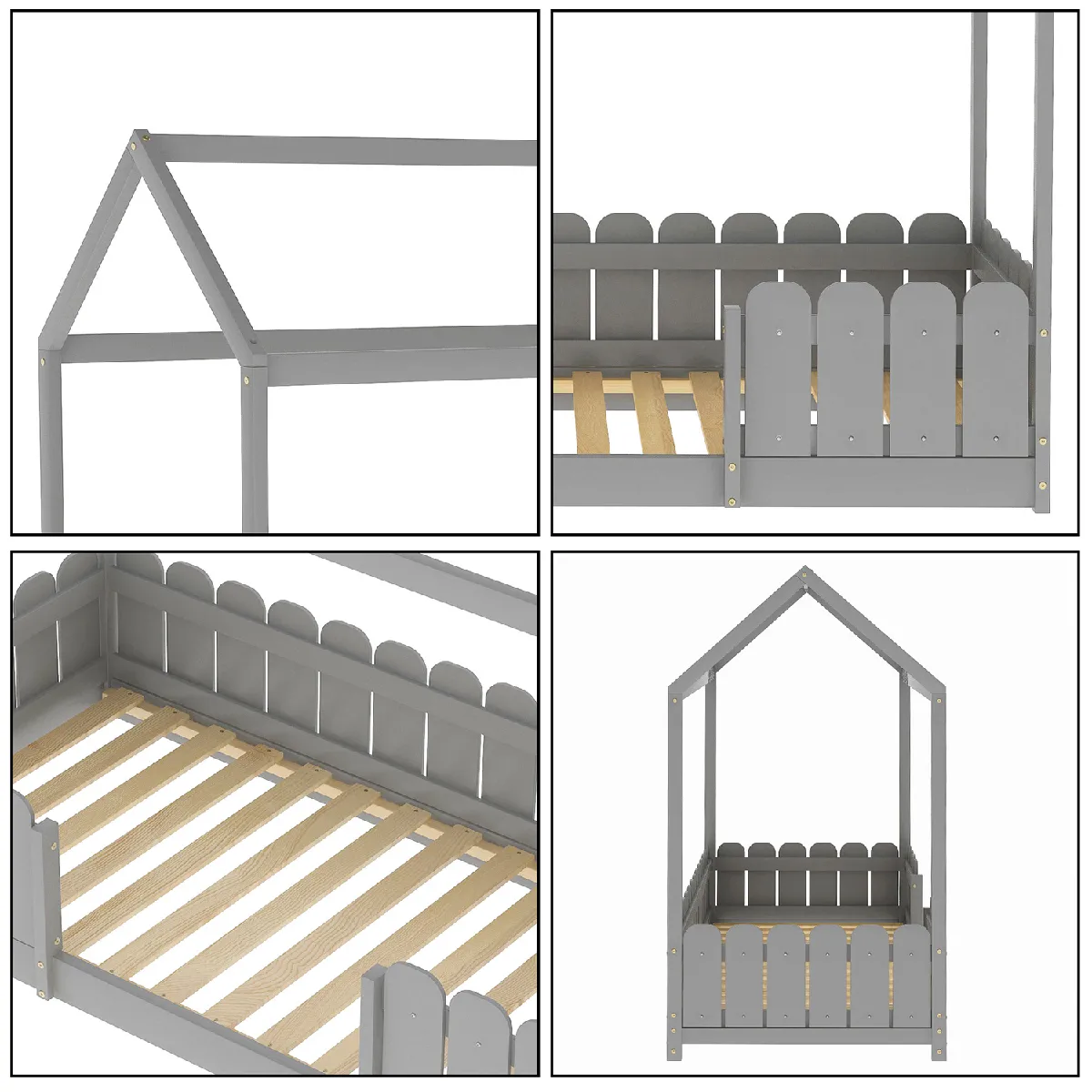 KOMHTOM Lit cabane enfant 90x200 cm - Bois pin massif Gris