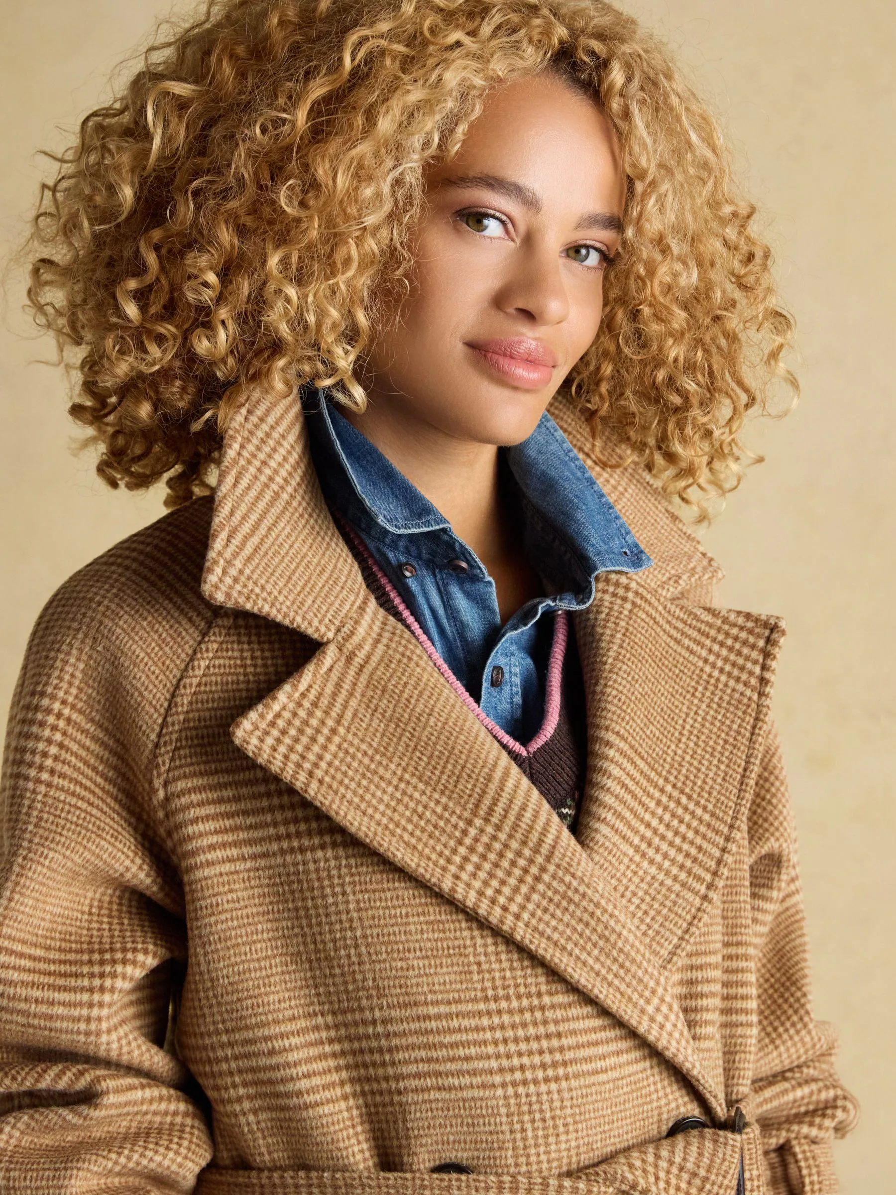 Lichtbruin - Joules Amberley lange wollen Mix jas met riem