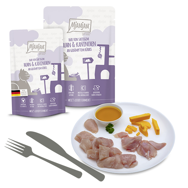 Quetschie - DUO von saftigem Hühnchen & Kaninchen an gedämpftem Kürbis