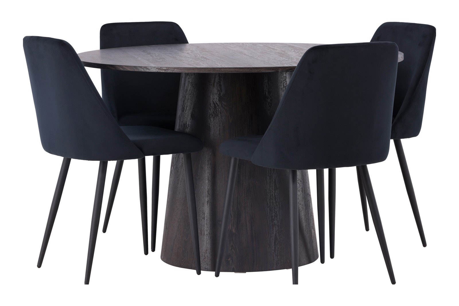 Lanzo og Night Spisegruppe Lanzo rundt spisebord ø120cm i mocca med 4 stk. Night spisestoler i Sort fløyel og sorte ben.