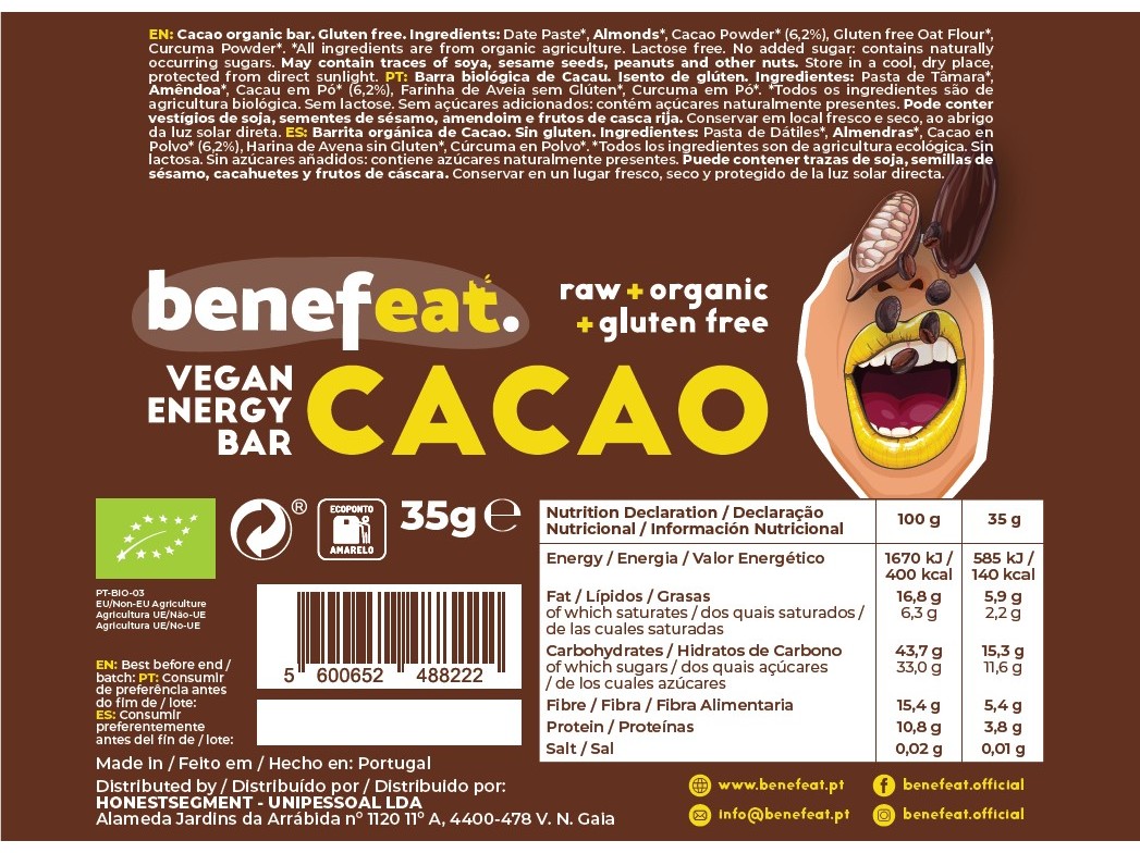 BARRAS BENEFEAT BIO CACAU SEM GLÚTEN 35G