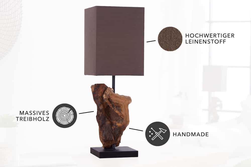 Handgearbeitete Treibholz Tischlampe HYPNOTIC 45cm braun mit Leinenschirm