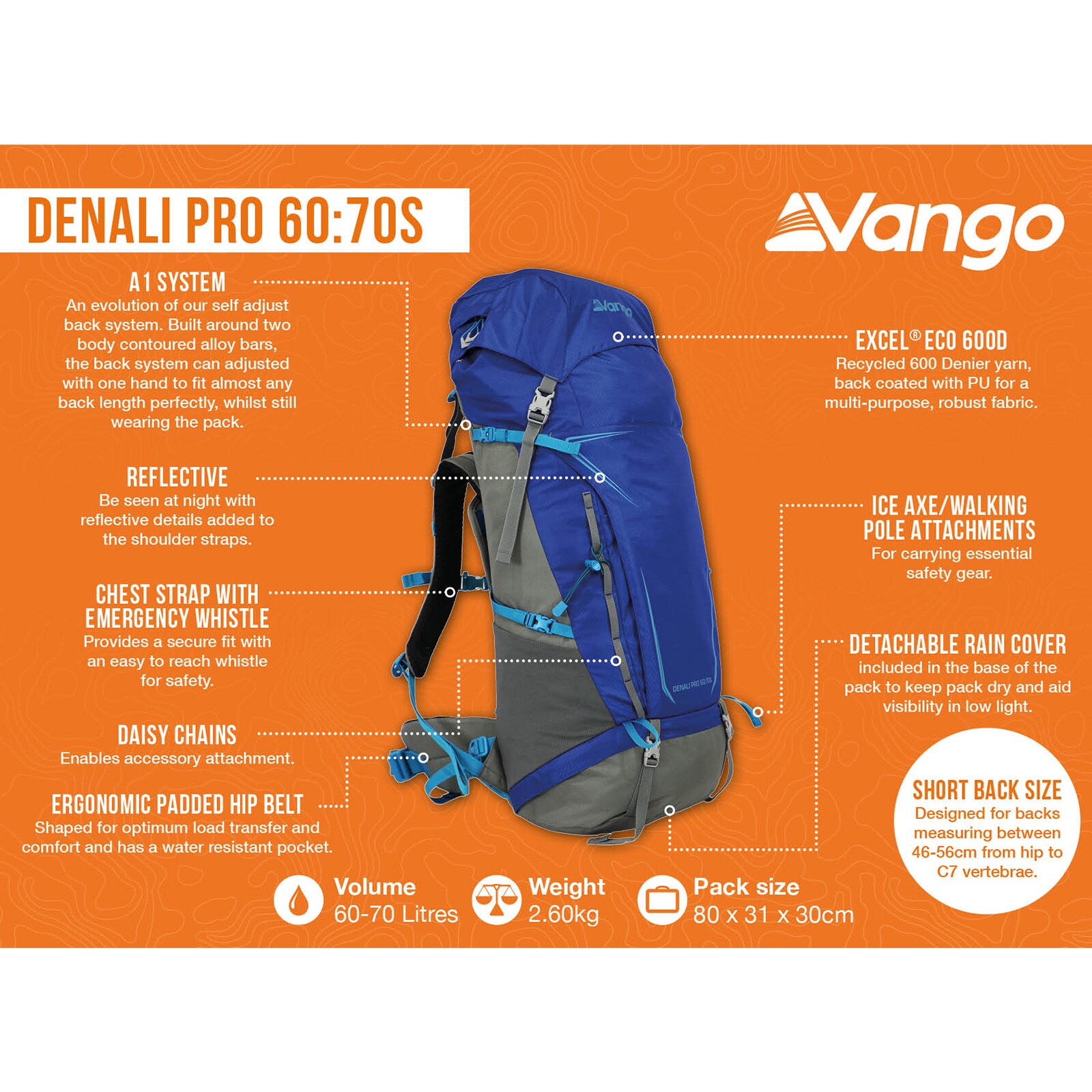 VANGO Trekkingrucksack Denali Pro S 60:70 L Outdoor Wander Rucksack Regenschutz Farbe: black