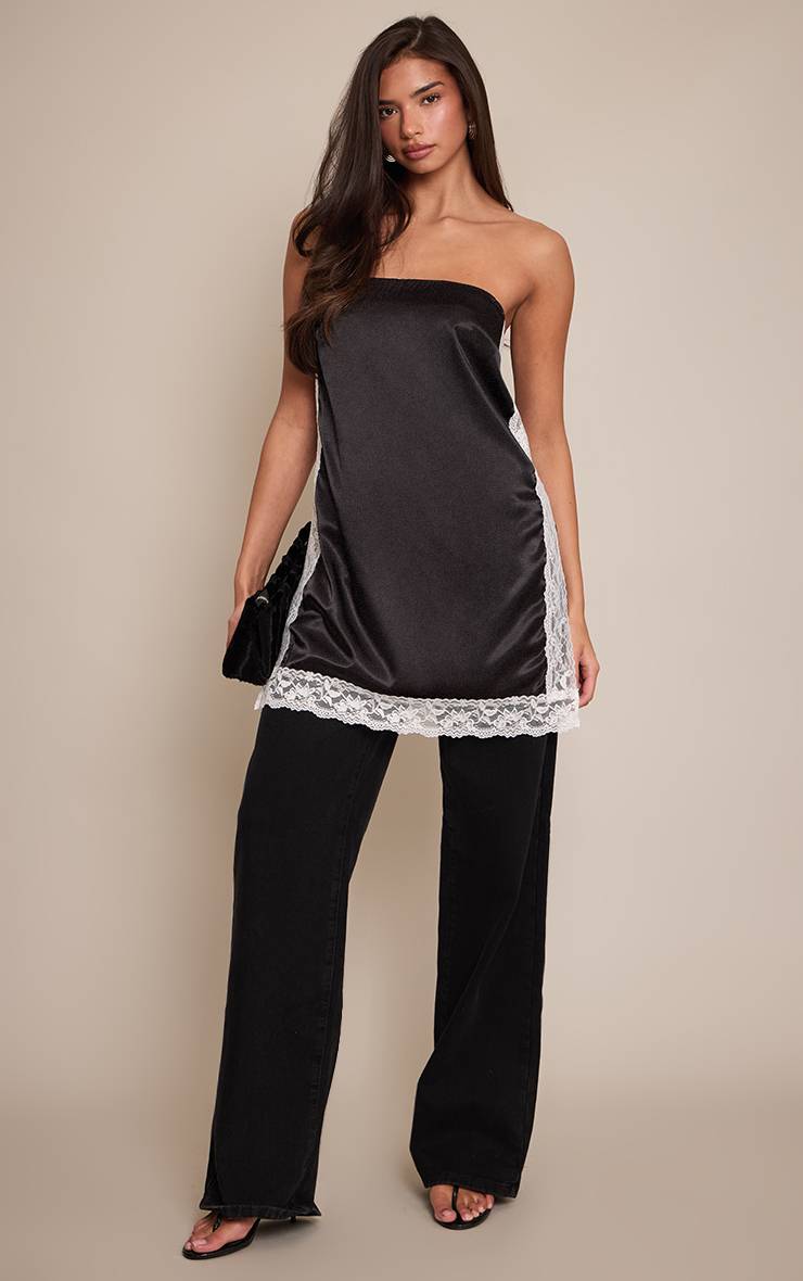 Noir Top Bandeau Long En Satin Avec Détails De Dentelle