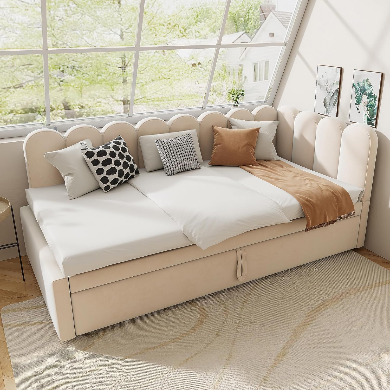 Schlafsofa 90/180x200 cm, L-Form Sofabett mit Ausziehbett, Polsterbett mit Lattenrosten, Kinderbett Tagesbett für Gästezimmer Schlafzimmer (Ohne Matratze) Samtstoff Beige