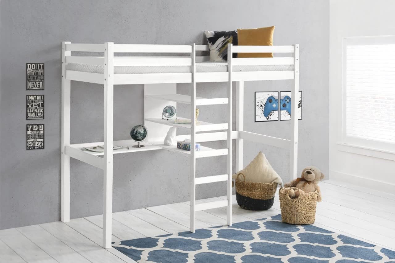 Homeline Kinder Hochbett mit Schreibtisch Etagenbett massiver Kiefer 90x200 cm (Weiss)