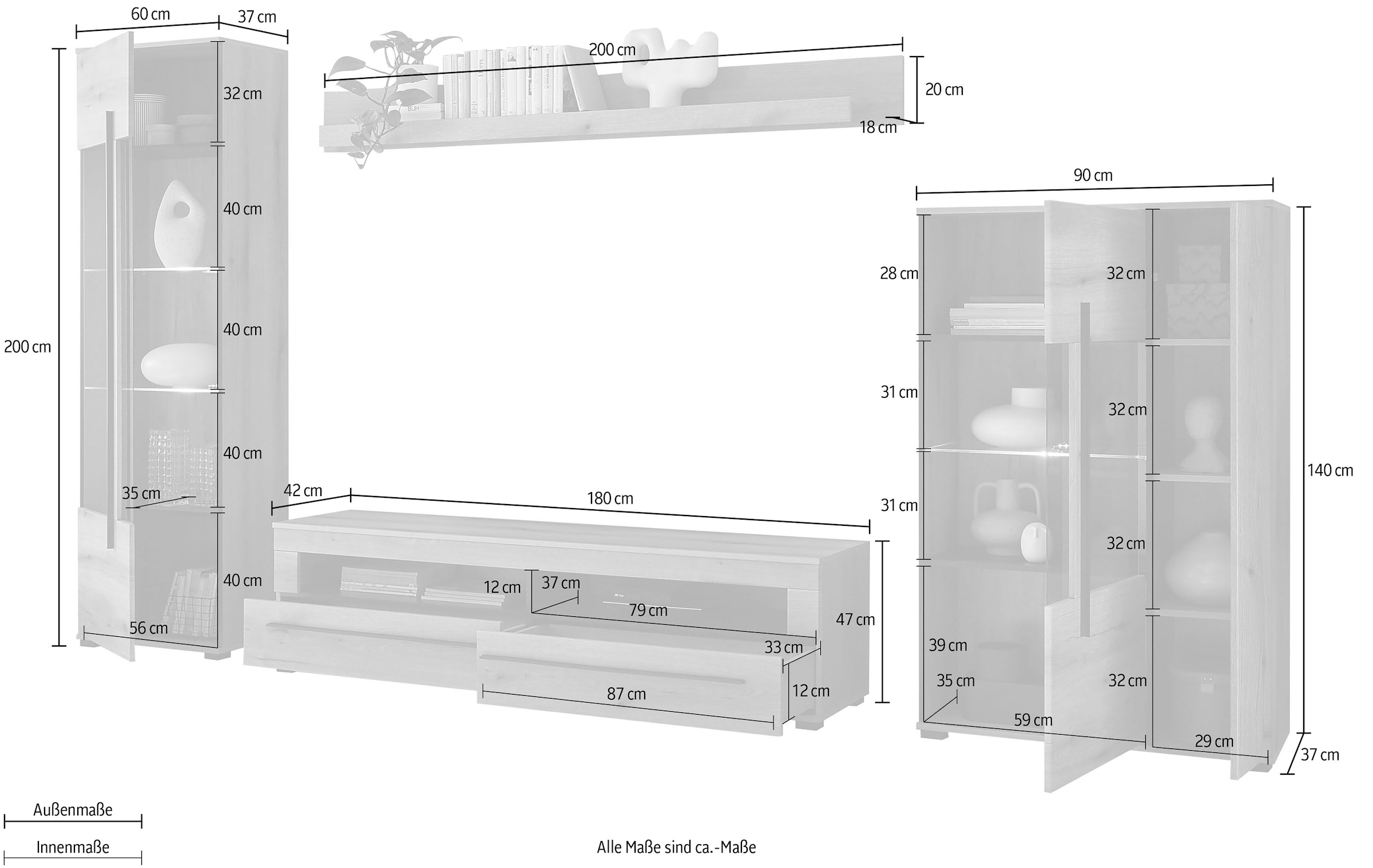 INOSIGN Wohnwand »Cantara, moderne Anbauwand, Wohnzimmer-Set, in Eiche Evoke oder Weiss« Set, 4 Stk. tlg.