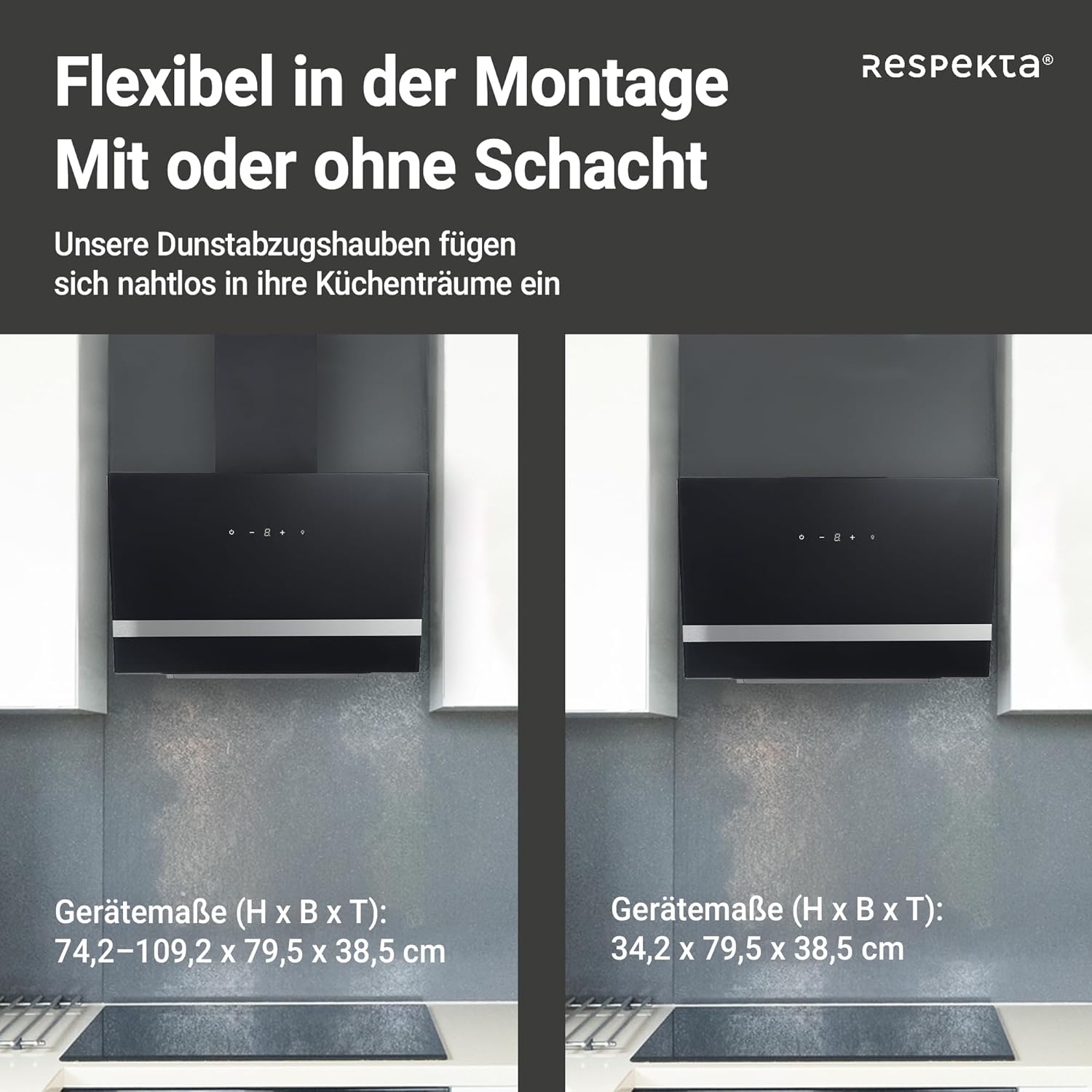 Respekta Dunstabzugshaube / Schräghaube 80 cm / Metallgehäuse mit Glasschirm in Schwarz / Abluft - und Umluftfunktion / CH24080SM / A / 65 – 70 dB