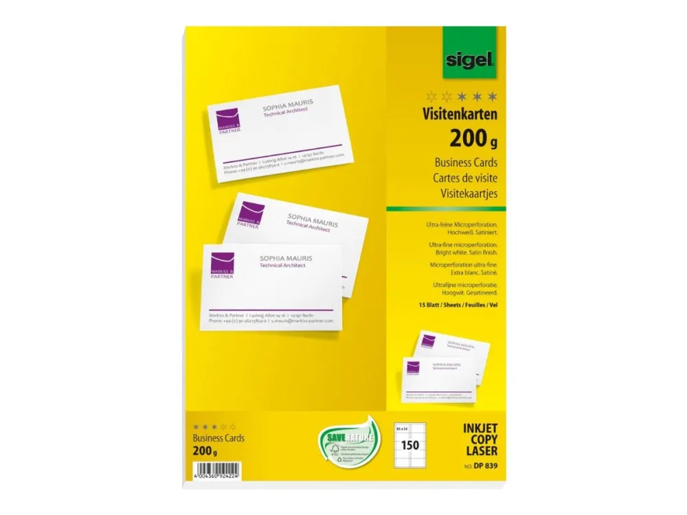 Sigel DP839 - Mikroperforeret - skinnende hvid - 85 x 55 mm - 200 g/m² - 150 kort (15 ark x 10) visitkort
