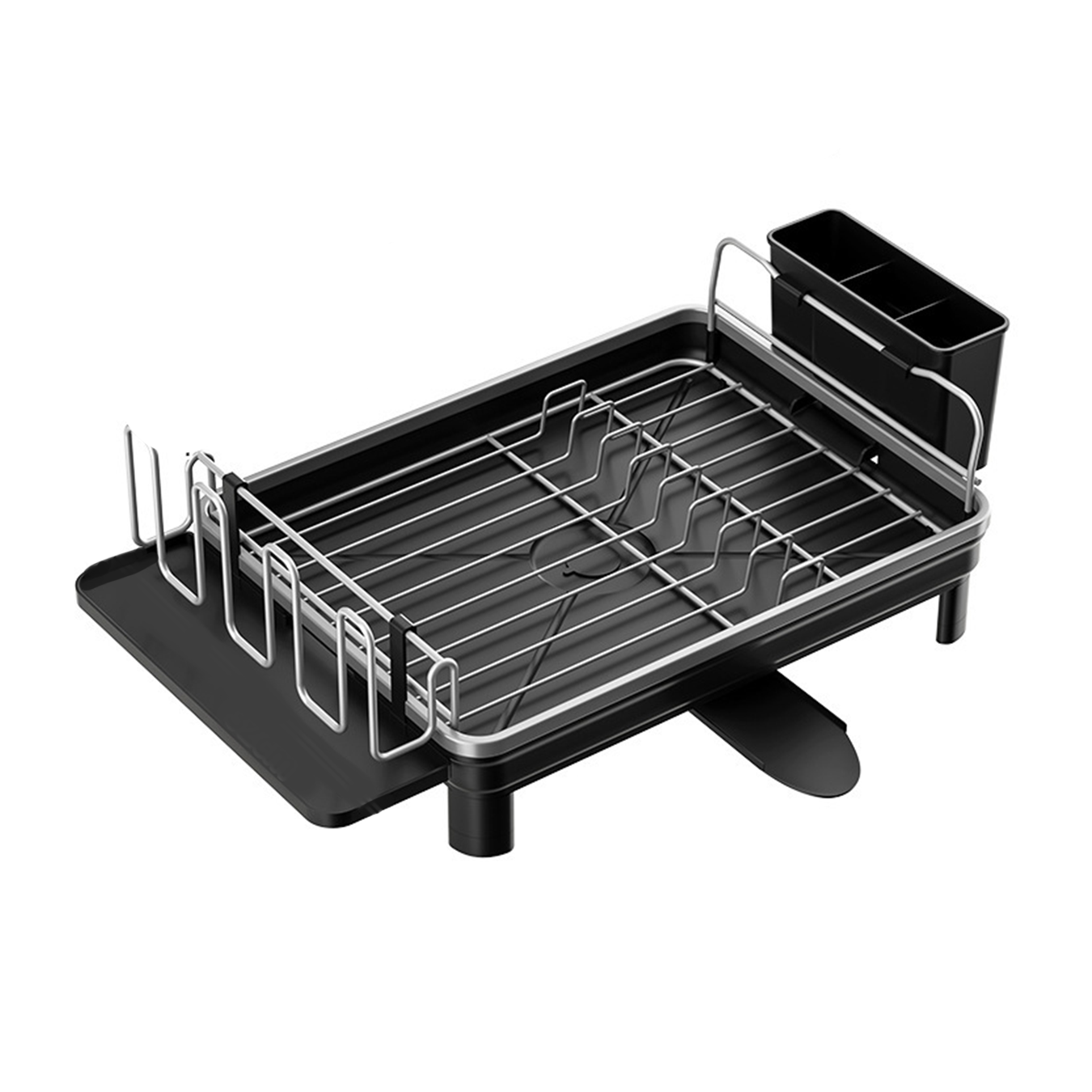 (42x32cm) Geschirr Abtropfgestell Küchen Trocknungskorb Teller Gitter Rack mit Ablauf / Besteck Korb - Schwarz