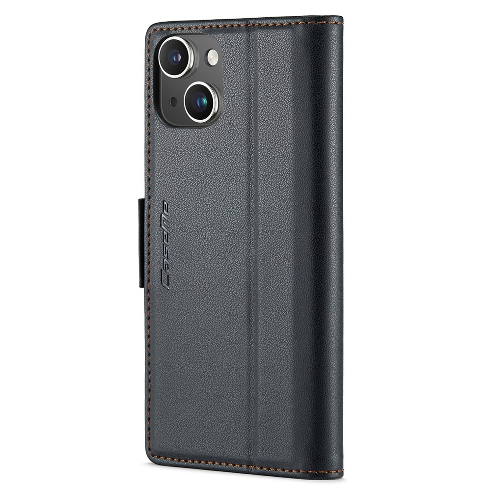 iPhone 15 Leder Tasche Flip Wallet Etui mit Kartenfächern Litchi Look (RFID Schutz) - Schwarz