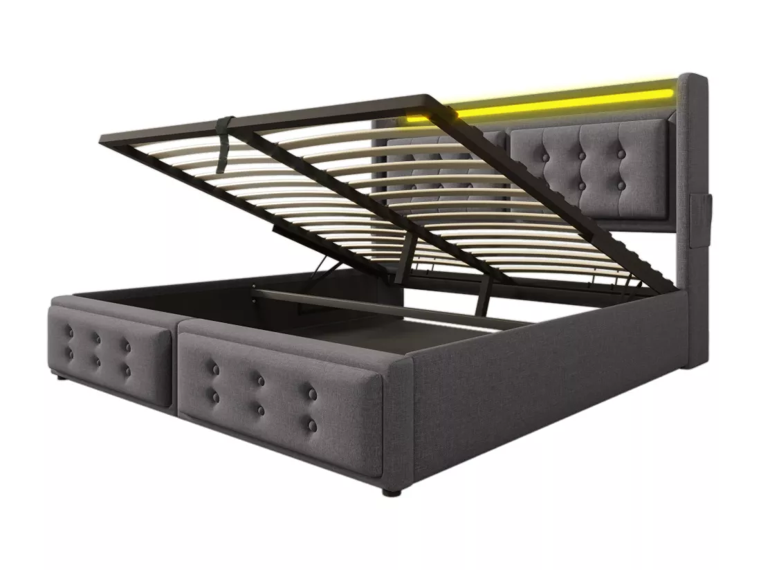 Lit coffre 160x200cm en tissu lin - avec LED et Ports de recharge - Gris