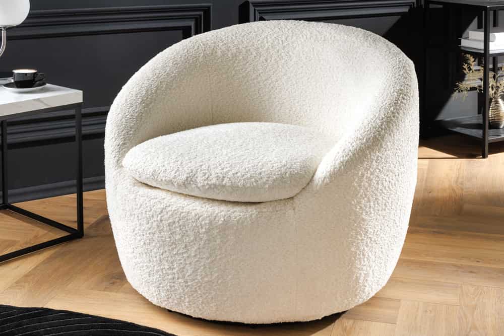 Drehbarer Design Sessel ALPINE weiß Bouclé 360° mit Armlehnen