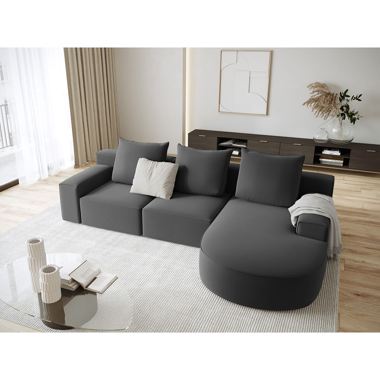 Mazzini Sofas Canapé d'angle droit arrondi en velours Ivy 5 Places gris foncé - 285x180x89 cm
