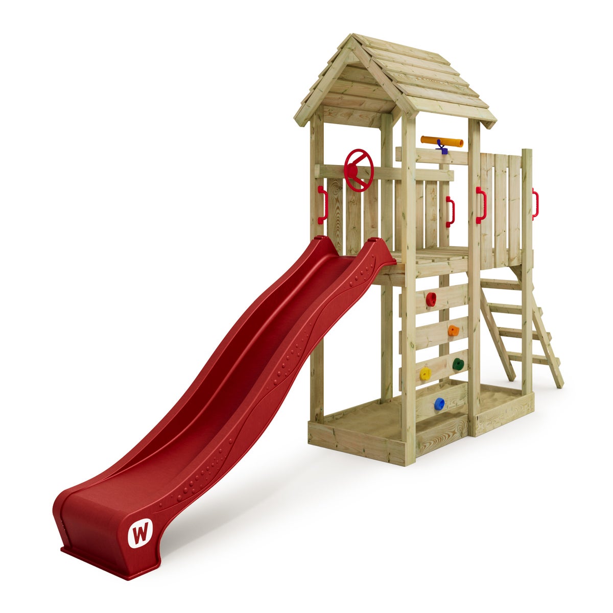 WICKEY JoyFlyer Speeltoren Klimrek met Glijbaan, Klimtoren met Zandbak, Ladder en Speelaccessoires - Rood