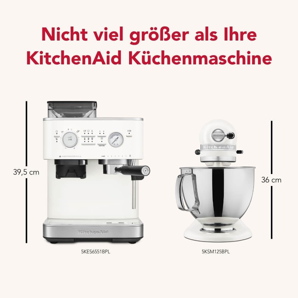 KitchenAid kaffeemaschine mit mahlwerk I Halbautomatische Espressomaschine I Heißgetränke von Espresso bis Cappuccino I Milchschäumerfür, Milchkännchen, Bohnenbehälter (Weiss)