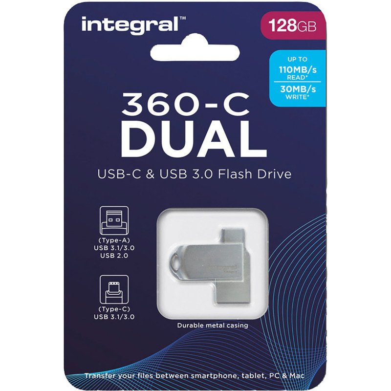 Integral clé USB Dual 360 C 128 Go Usb 3.0 (Usb-A), Usb 3.1 (Usb-C) Gris