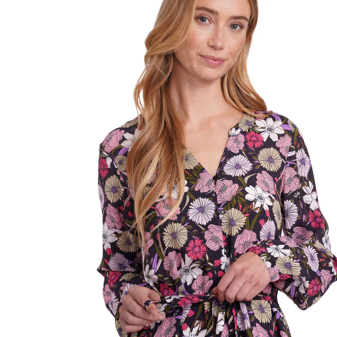 Jonas Nielsen Damen Maxi-Kleid mit floralem Allover-Print schwarz / oliv / rosa