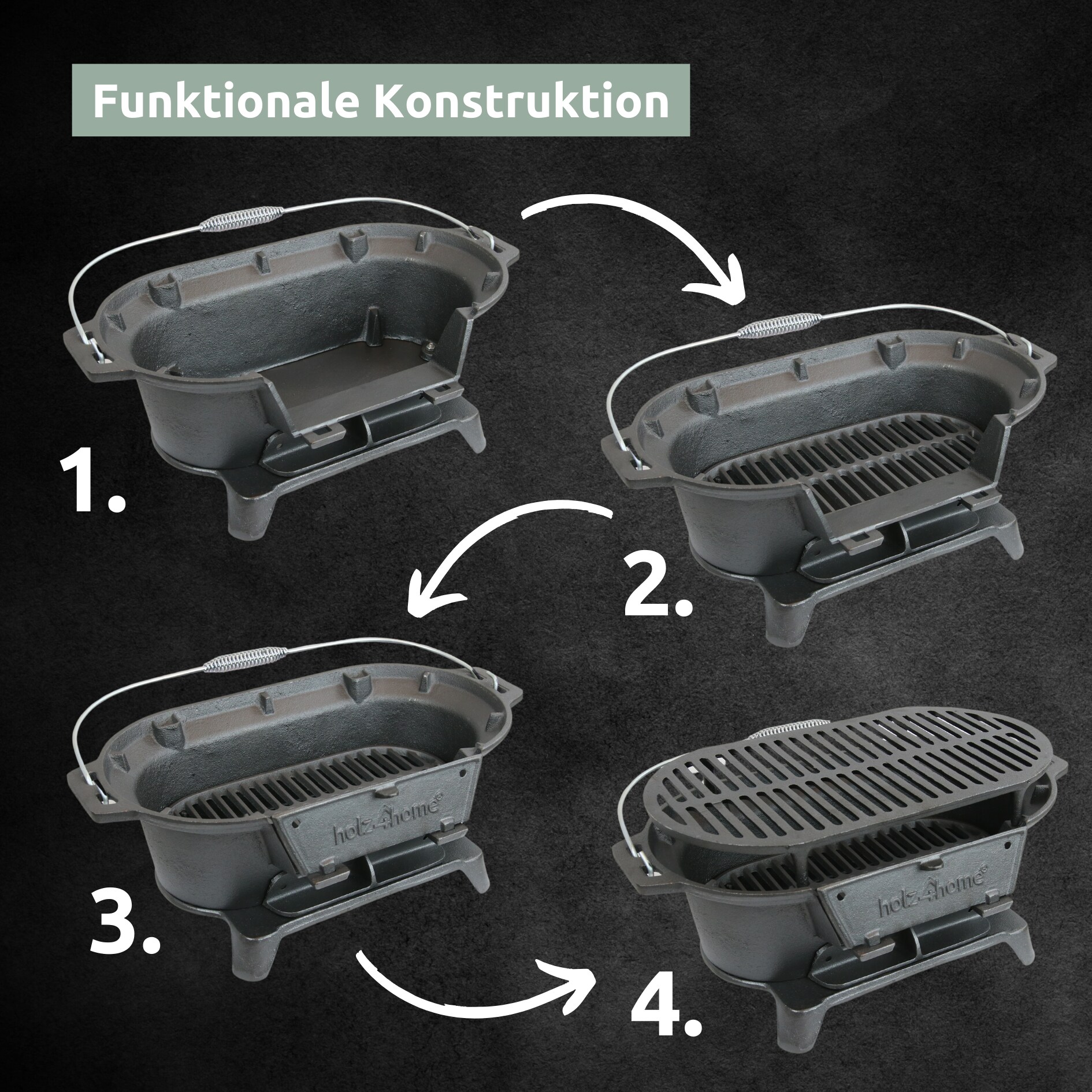 holz4home® XXL Gusseisen Holzkohle Grill mit Grillrost | Camping Grill, Hibachi Style