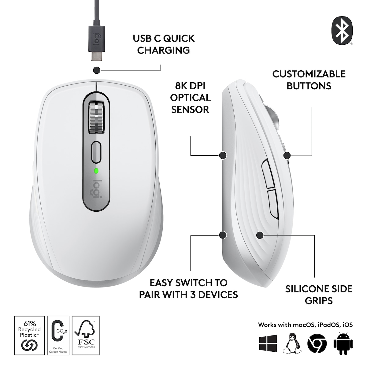 Logitech MX Anywhere 3S trådløs datamus (Pale Grey)