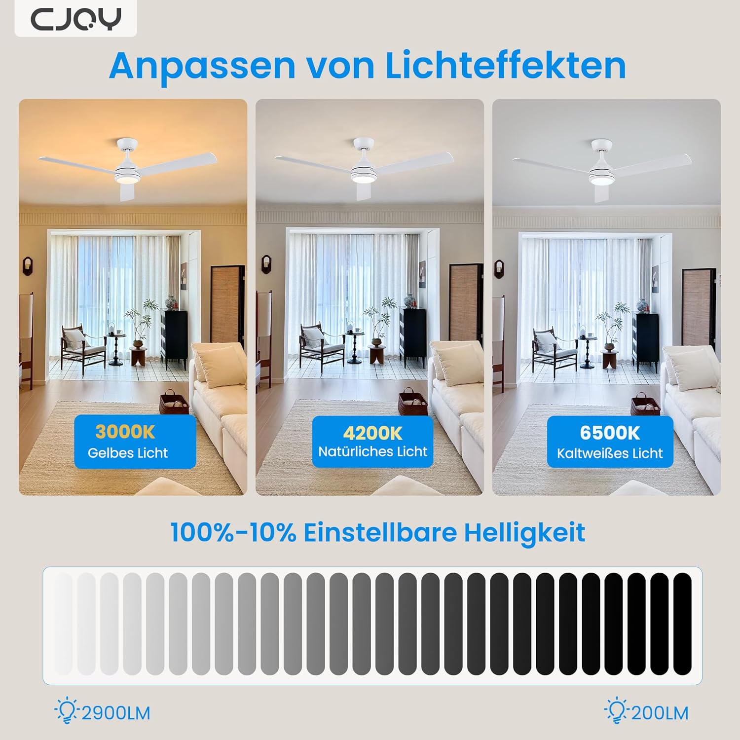 CJOY Deckenventilator mit Fernbedienung,132cm Weiß/Holz Deckenventilator mit Beleuchtung Leise Umschaltbar, Dimmbar, Speicher 3CCT, Ruhemodus, Timer, Deckenventilatoren für Schlafzimmer, Wohnzimmer