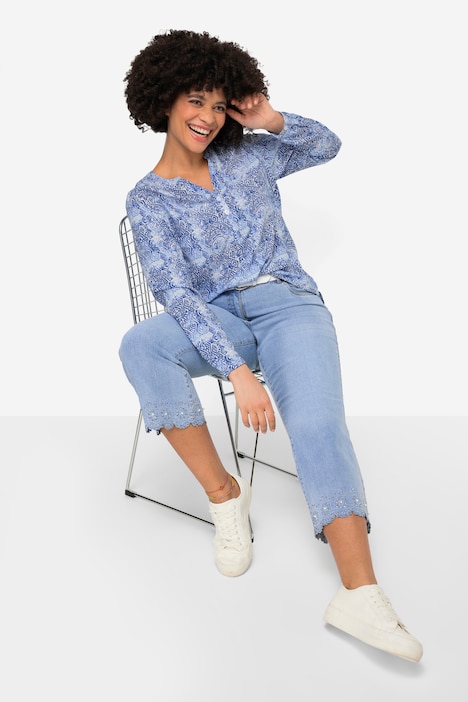 Bluse, Alloverdruck, Tunika-Ausschnitt, Langarm