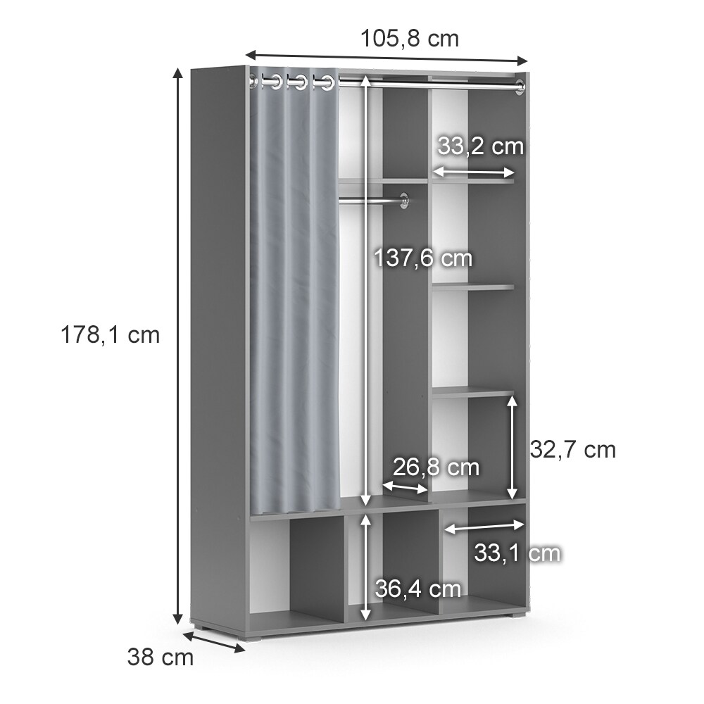 Vicco Kinderkleiderschrank Kinderzimmerschrank Kindergarderobe Luigi Grau 106 x 178 cm modern Schrankregal Jugendzimmerschrank Organizer Vorhang Kleiderstange Fächer Aufbewahrung Spielzeugablage