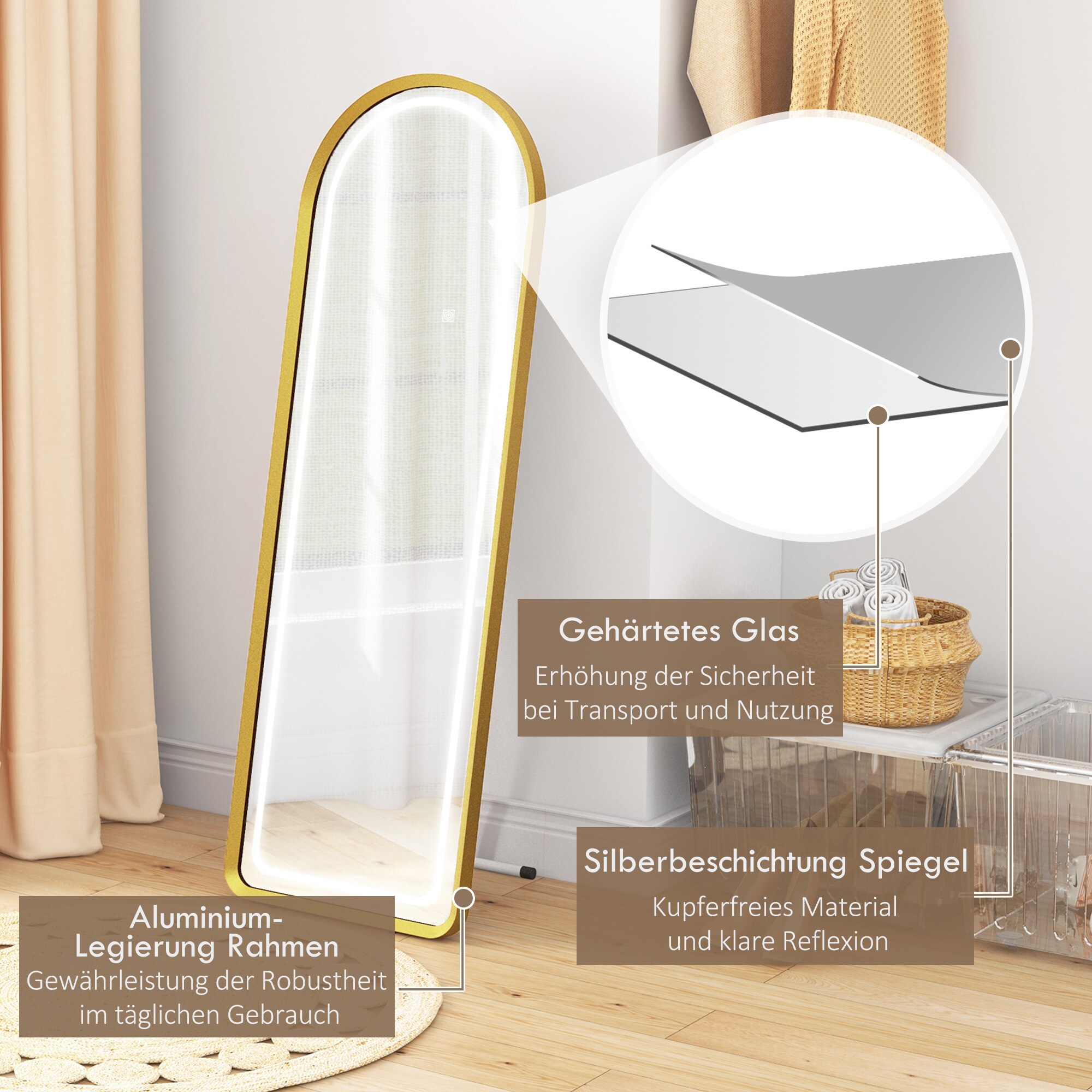 HOMCOM Ganzkörperspiegel mit Beleuchtung gold 151,5L x 50B x 4H cm