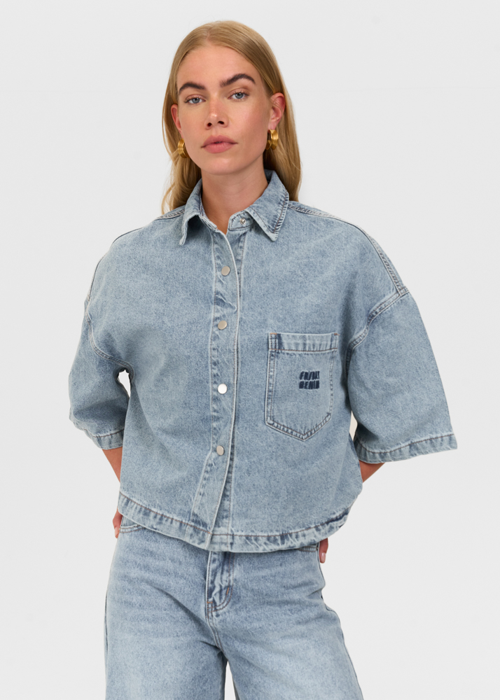 Denim blouse korte mouw sea blauw