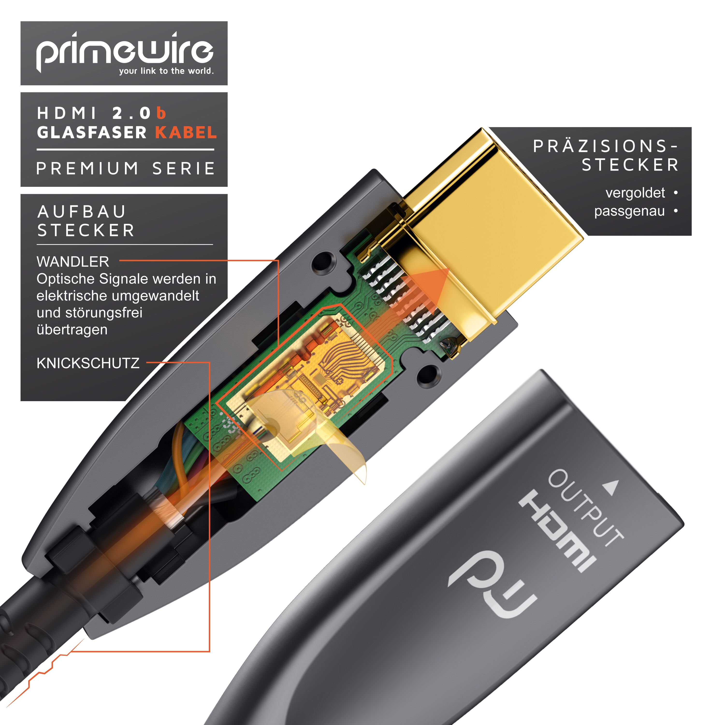 Primewire Ultra HD HDMI 2.0b Glasfaserkabel 3-fach geschirmt 4K / Full HD / 3D / ARC / High Speed mit Ethernet - 50m