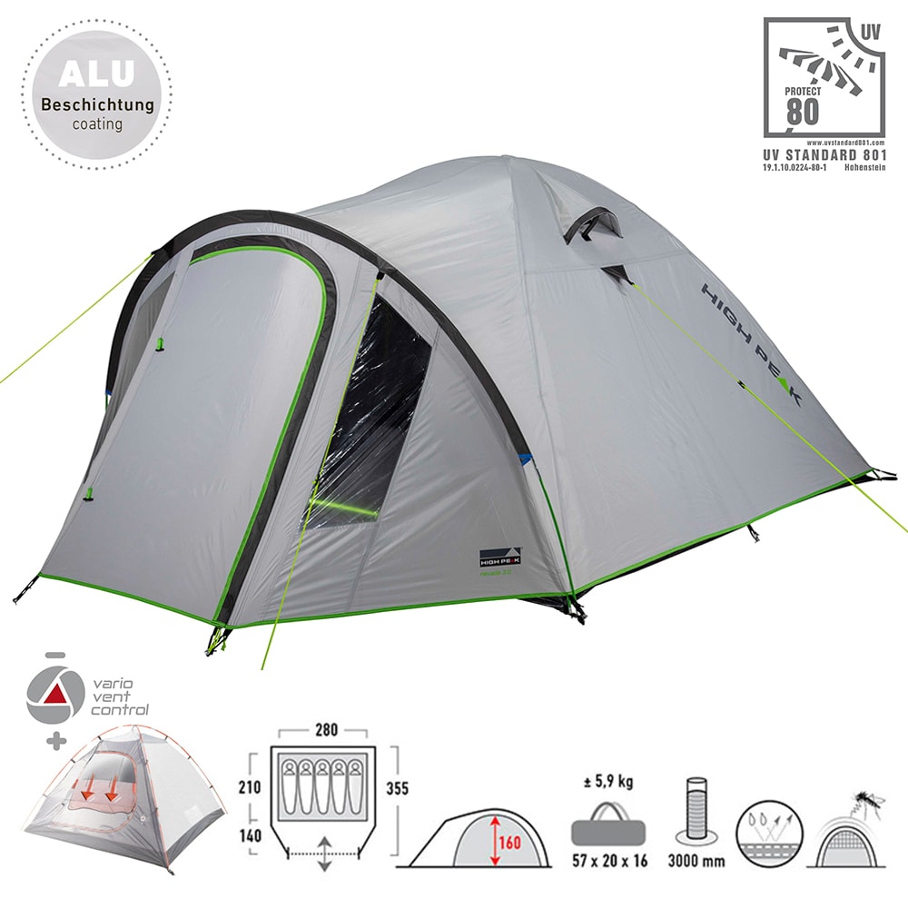 HIGH PEAK Kuppelzelt Nevada 2 3 4 5 Personen Iglu Zelt Camping Trekking Vorraum Modell: Nevada 3