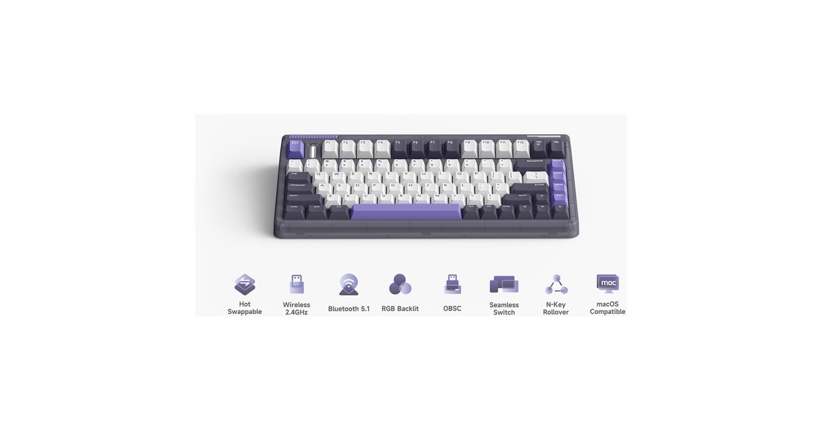 IqunixOG80 Lavandin Wireless Mechanical Keyboard, gaming toetsenbord  (Lavendel, US lay-out, Cherry MX Red, 80% (TKL), Hot-swappable, PBT, 2.4GHz | Bluetooth 5.1 | USB-C)