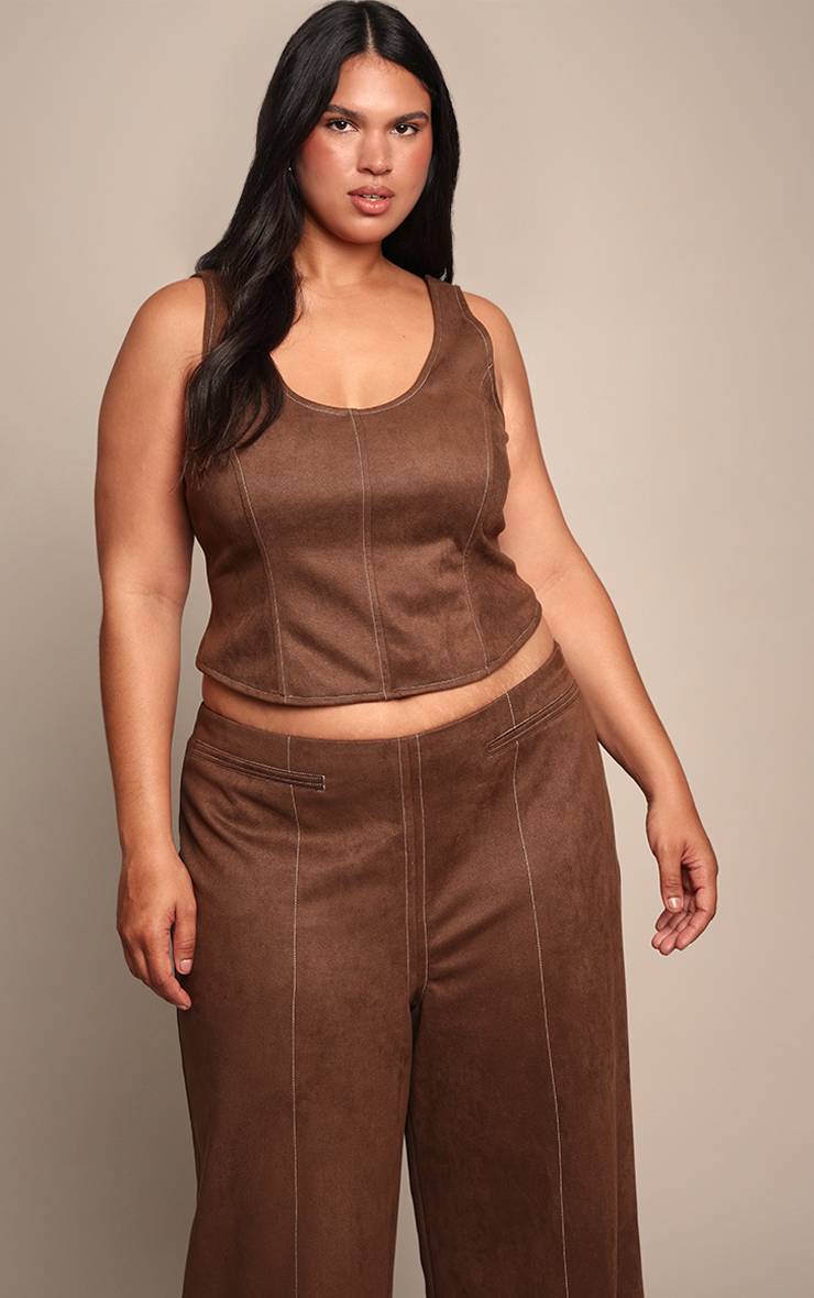 Chocolat Haut Corset Grande Taille En Synthétique Avec Coutures Contrastées