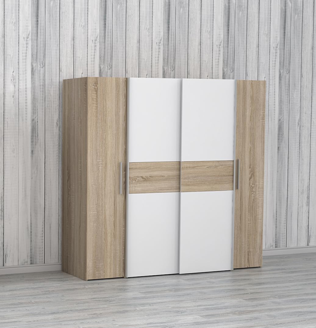 FORTE KALIXTUS Schrank 200, Kleiderschrank, Schwebetürenschrank Skandinavisch Schlafzimmer 4-türig, Holzdekor: Sonoma Eiche / Weiß, 200 cm breit x 190.5 cm hoch x 62 cm tief