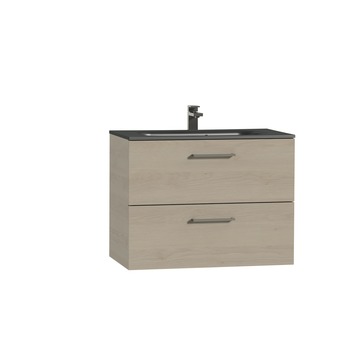 Tiger Studio badkamermeubel 80 cm naturel eiken met wastafel polybeton mat zwart greep rvs rechthoekig