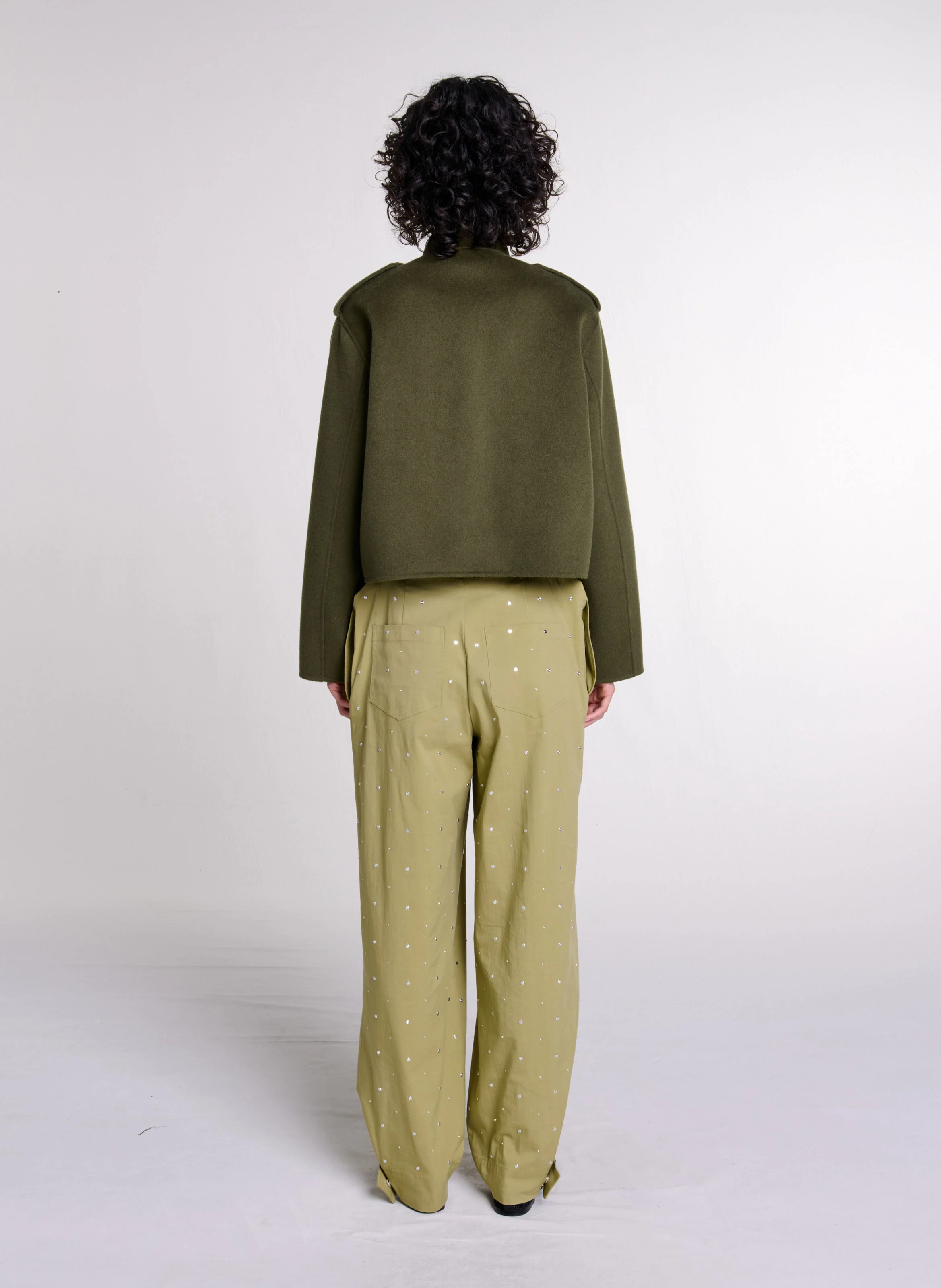 Veste courte col officier en laine feutré | Kaki