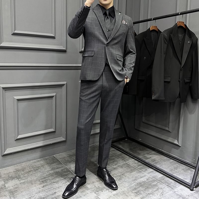 Bay Go Mall - Set: Geruite blazer met reverskraag en enkele rij knopen + vest met knoopjes + pantalon met middelhoge taille