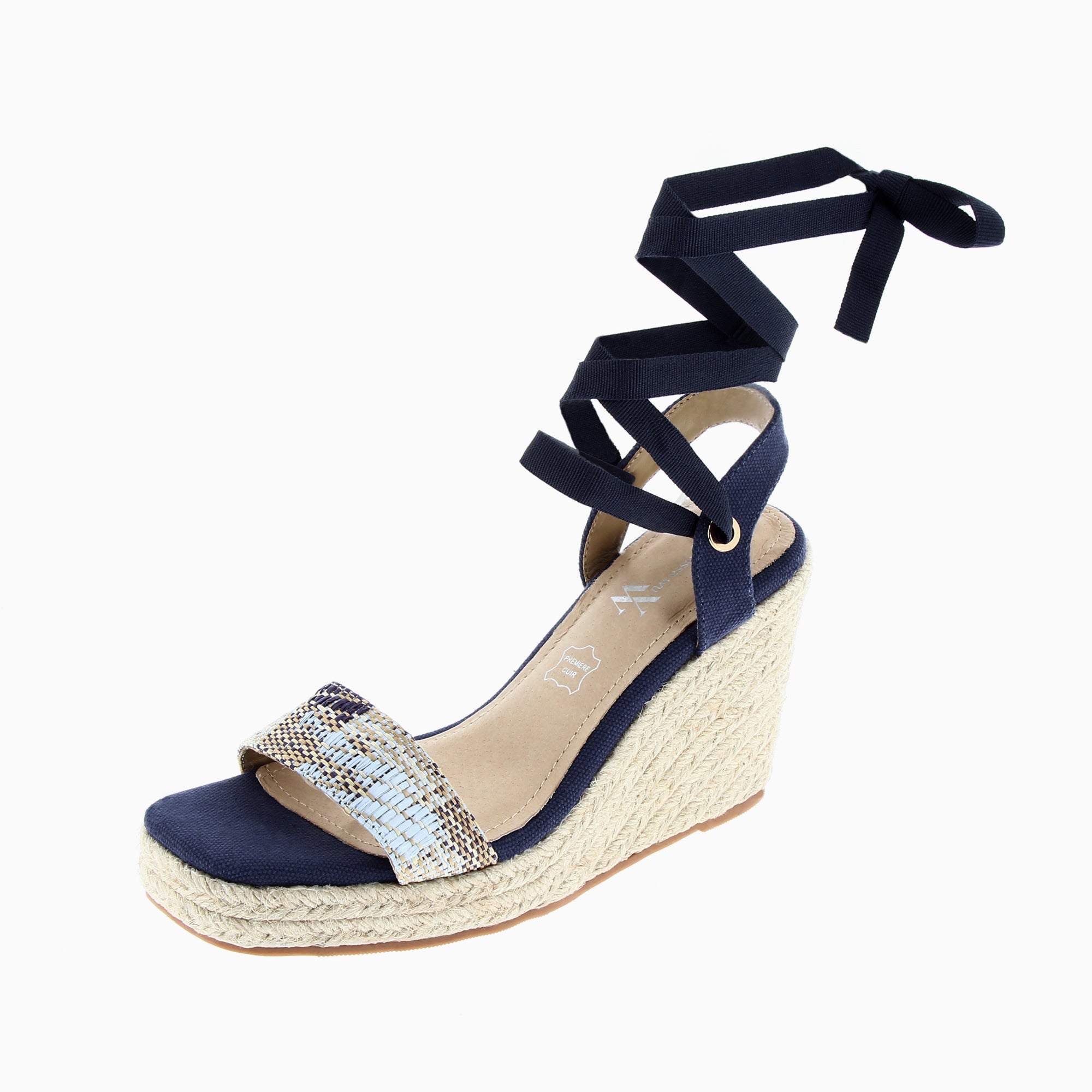 Sandales à talon, Compensées-Sandales compensées Aya marine à bride tressée