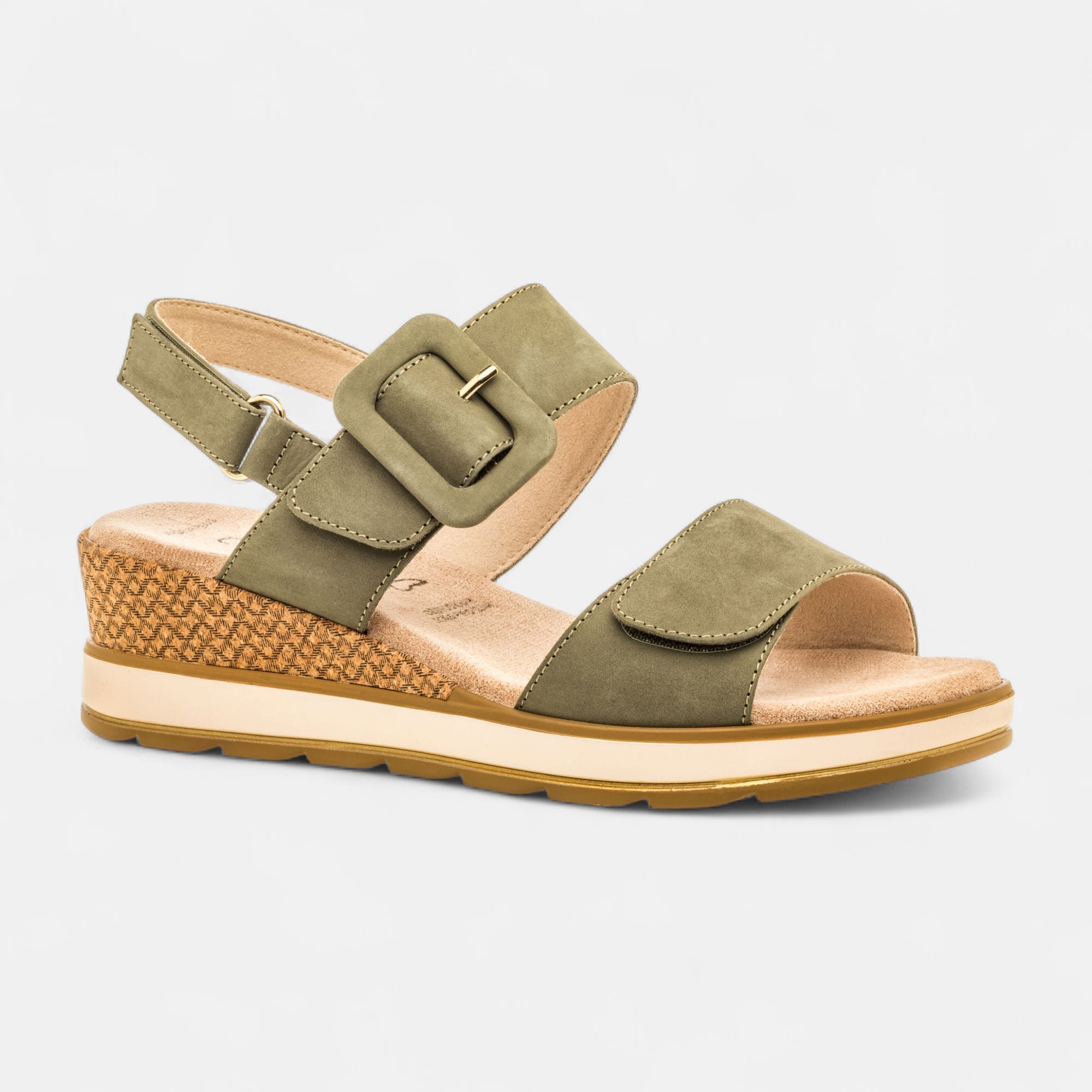Sandales à talon compensé Femme en cuir kaki