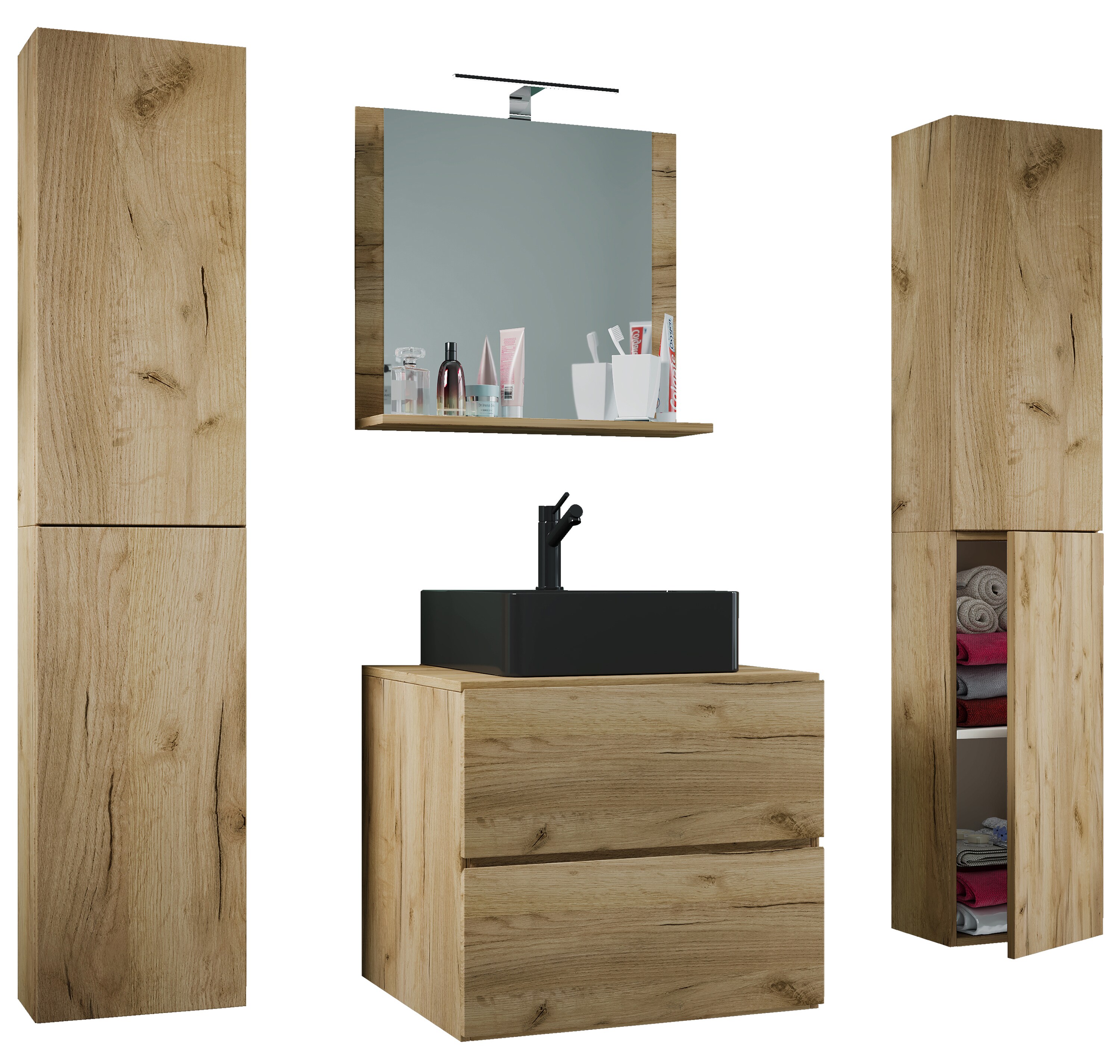 VCM 5-tlg. Waschplatz Waschtisch Badmöbel Set Waschbecken Lendas BL Breite 60 cm XL Schublade