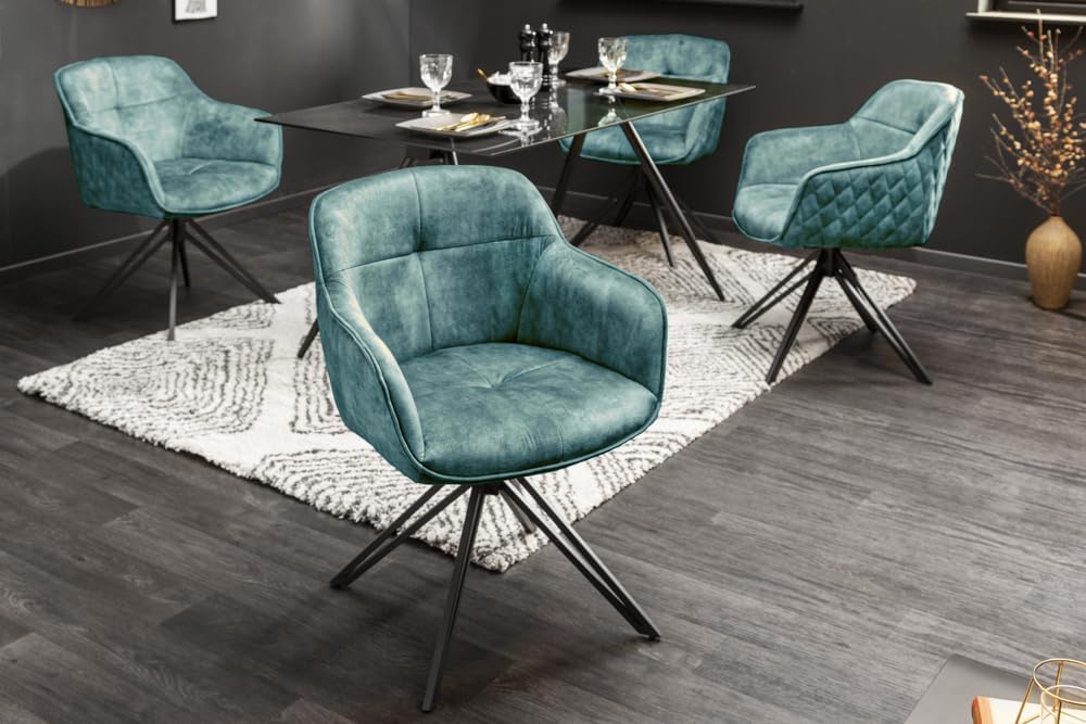 invicta INTERIOR Drehbarer Design Stuhl Euphoria 180° Petrol Samt mit Armlehne Metallgestell schwarz Küchenstuhl Esszimmerstuhl Esstischstuhl Samtstuhl